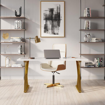 47" Modern White Rectangular Home Office Desk with Pine Wood Table Top & Gold Frame